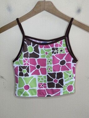 Y2K Big Fish Geometric Retro Floral Tankini Swim Top Girls Size XL 14 NEW Pink